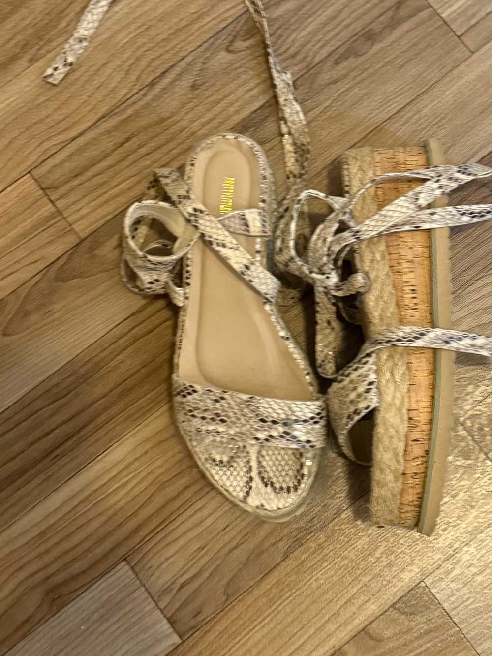 Neutral Snake-Print Espadrille Wedge Sandals with Wrap Ties